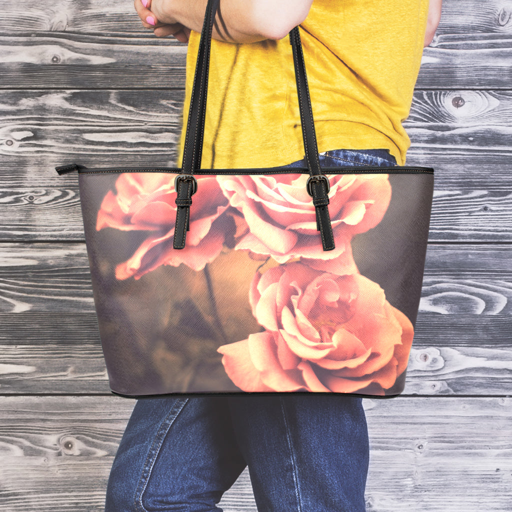 Vintage Rose Print Leather Tote Bag