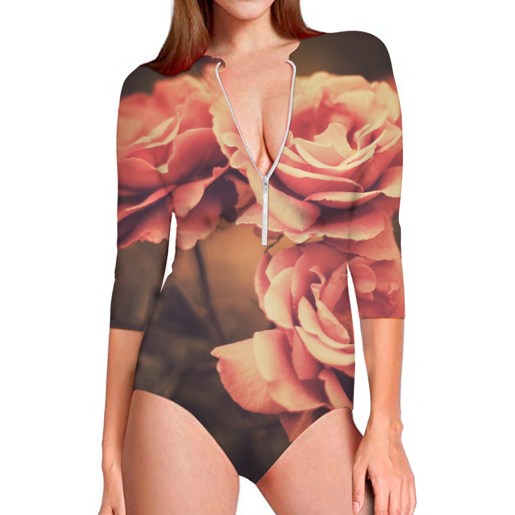 Vintage Rose Print Long Sleeve One Piece Swimsuit