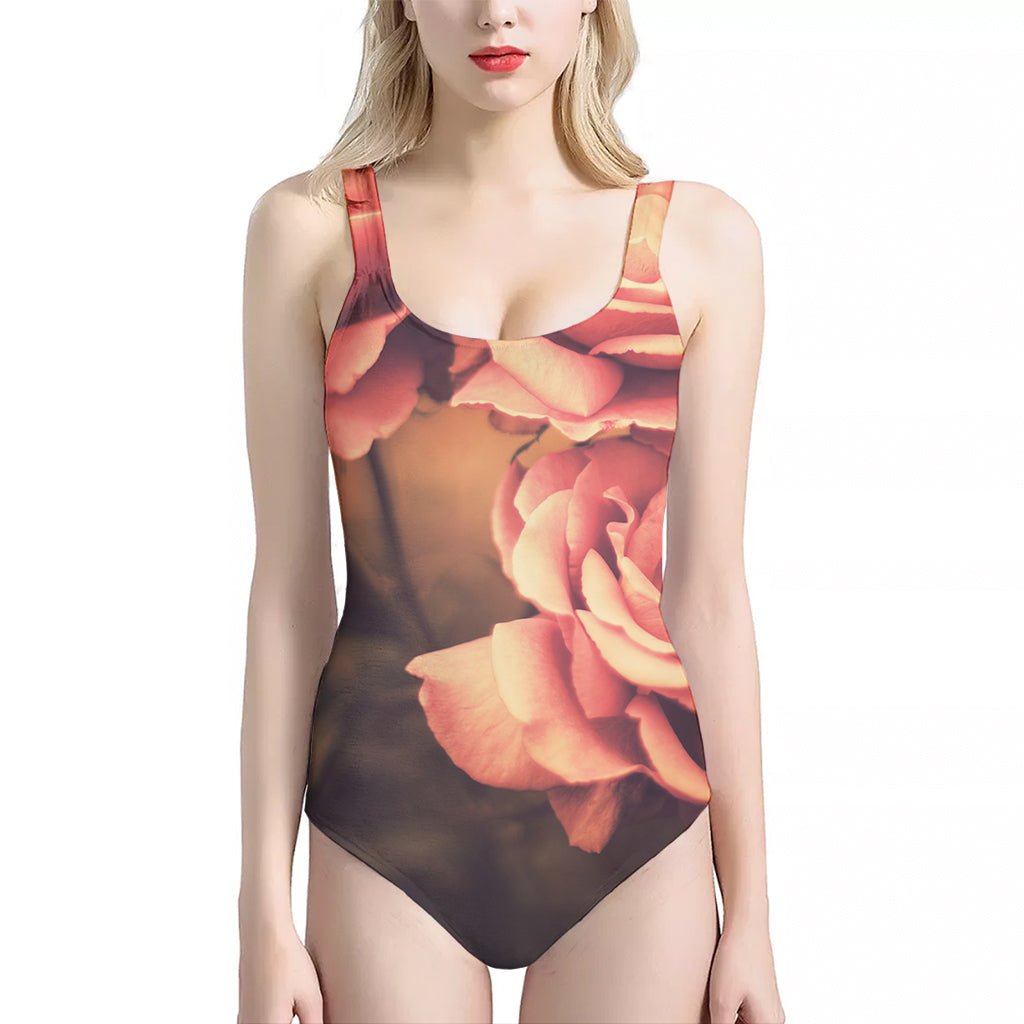 Vintage Rose Print One Piece Halter Neck Swimsuit