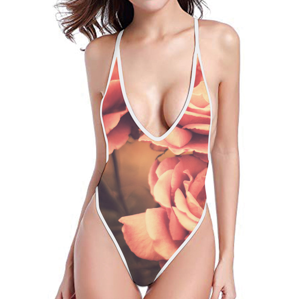 Vintage Rose Print One Piece High Cut Swimsuit