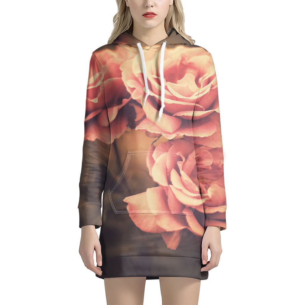 Vintage Rose Print Women's Pullover Hoodie Dress