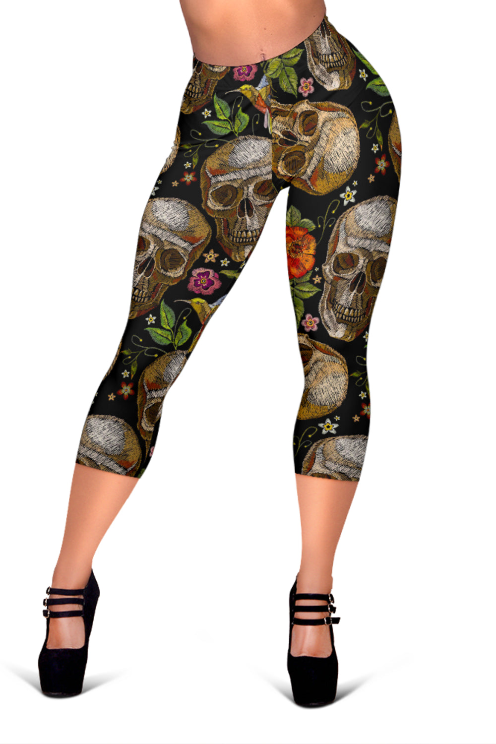 Vintage Skull Pattern Print Women's Capri Leggings