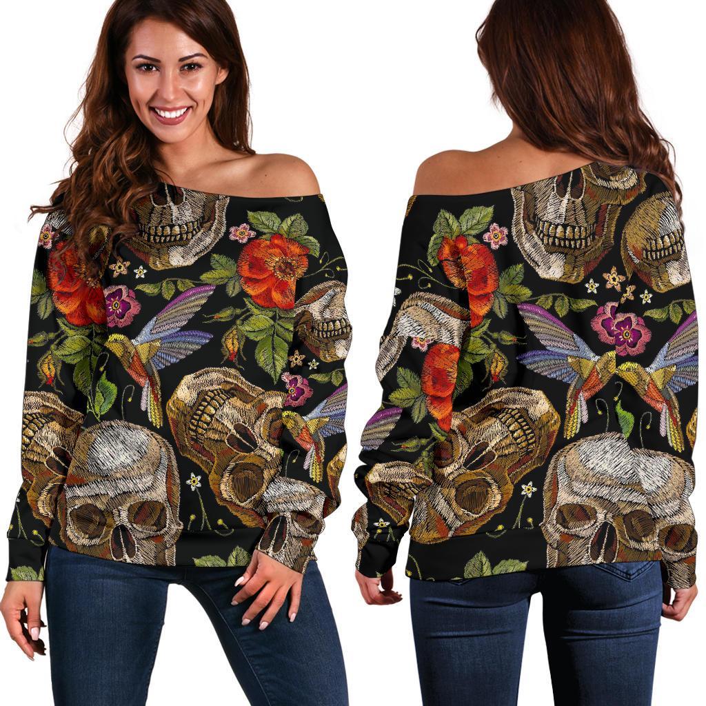 Vintage Skull Pattern Print Women's Off-Shoulder Sweatshirt