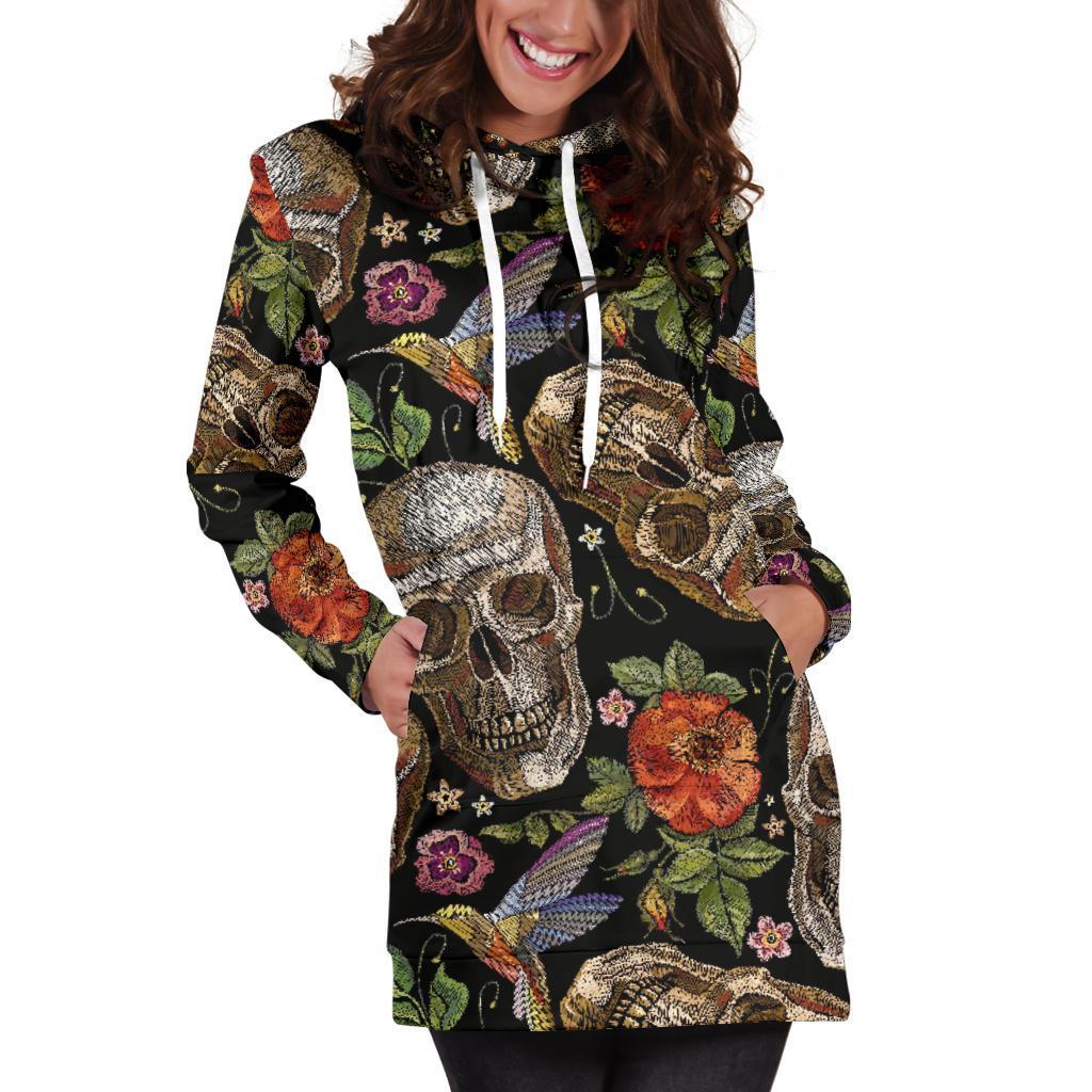 Vintage Skull Pattern Print Women's Pullover Hoodie Dress