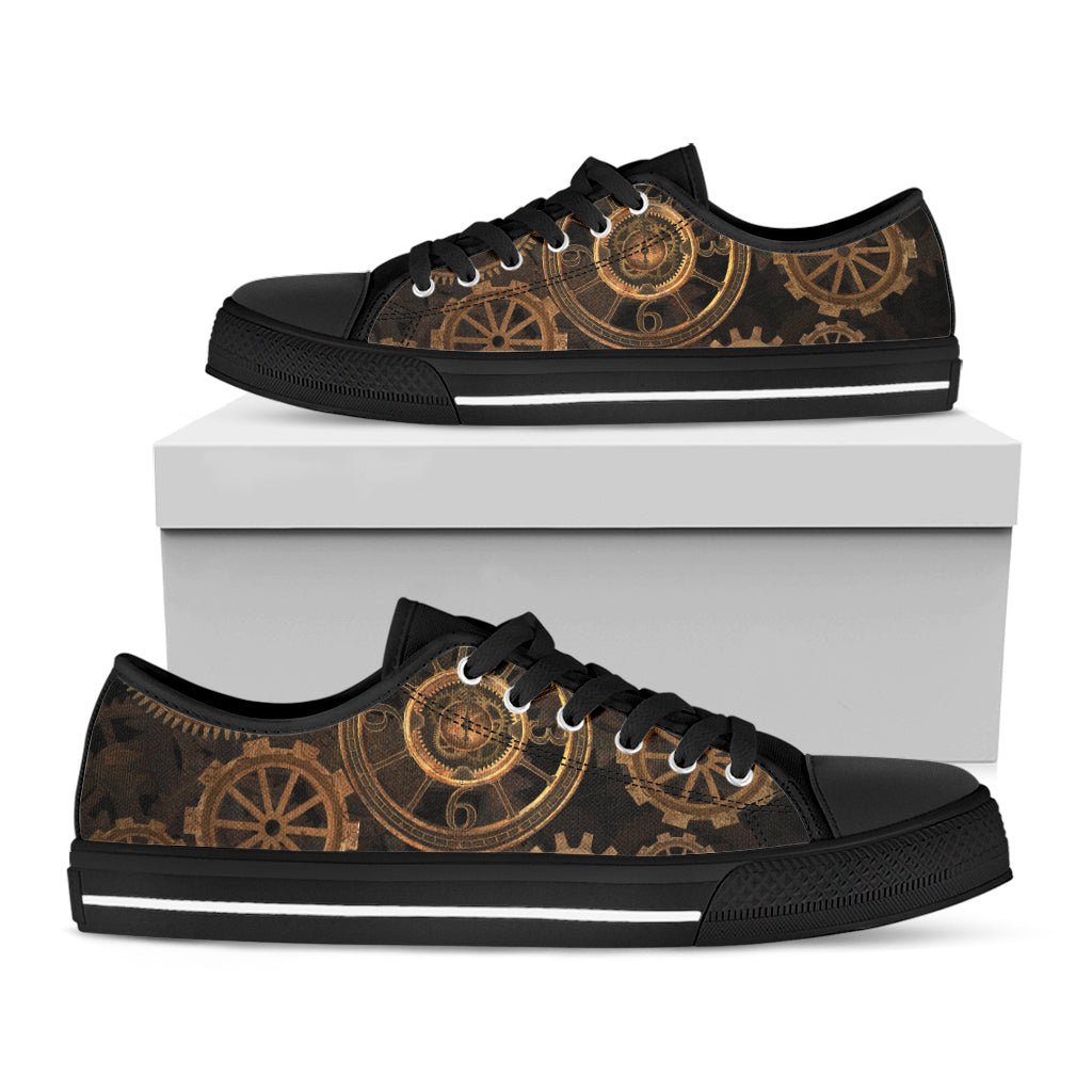 Vintage Steampunk Gears Print Black Low Top Shoes