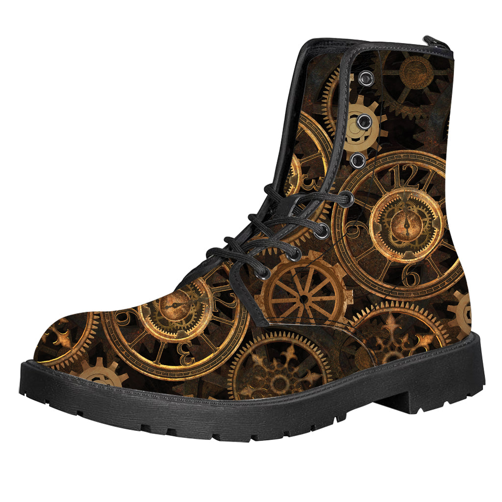 Vintage Steampunk Gears Print Leather Boots