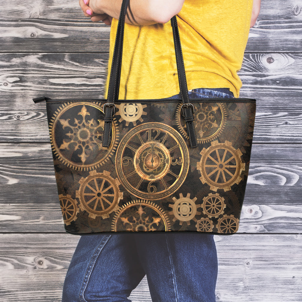 Vintage Steampunk Gears Print Leather Tote Bag