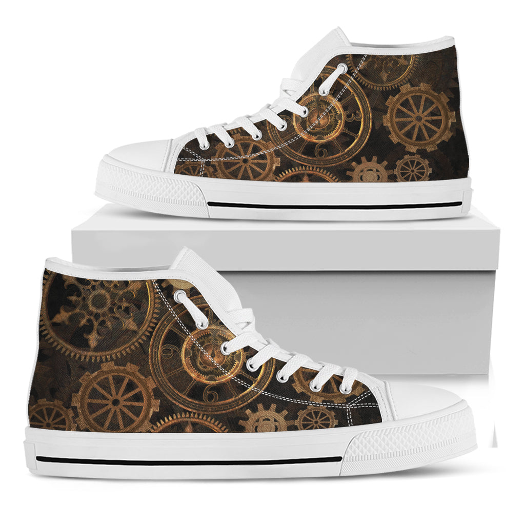 Vintage Steampunk Gears Print White High Top Shoes