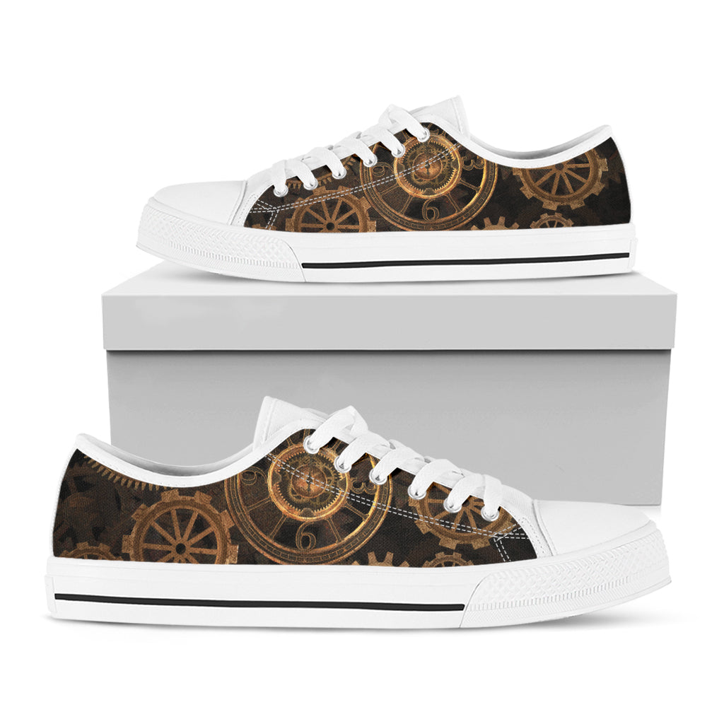 Vintage Steampunk Gears Print White Low Top Shoes