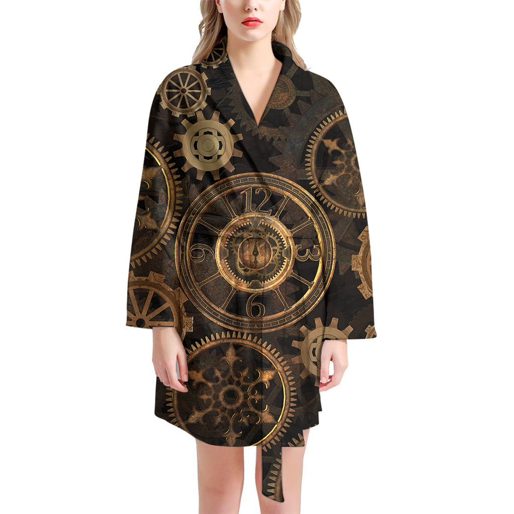 Vintage Steampunk Gears Print Women's Bathrobe