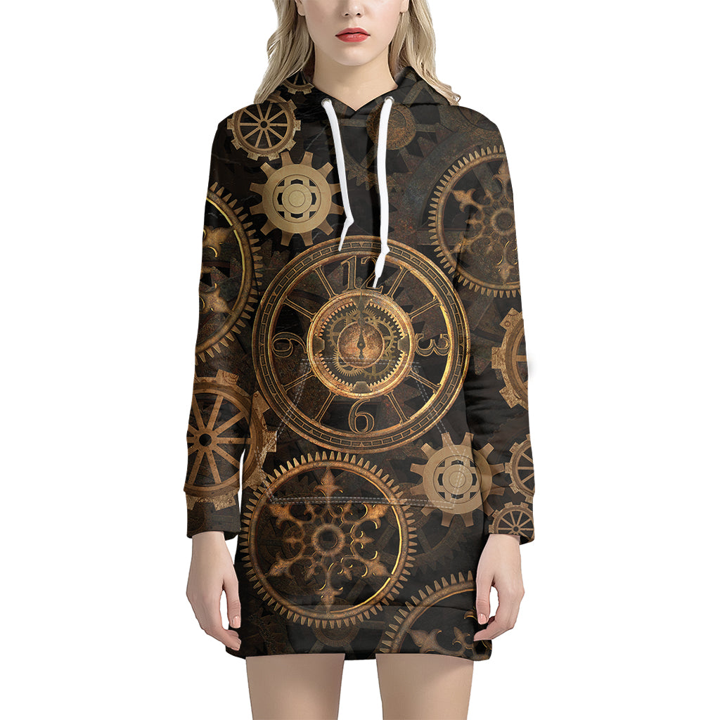 Vintage Steampunk Gears Print Women's Pullover Hoodie Dress