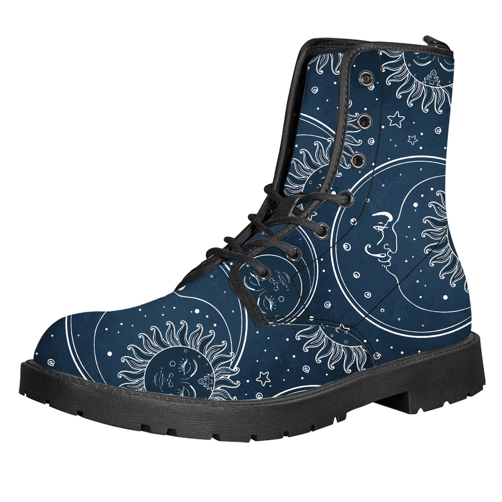 Vintage Sun And Moon Pattern Print Leather Boots