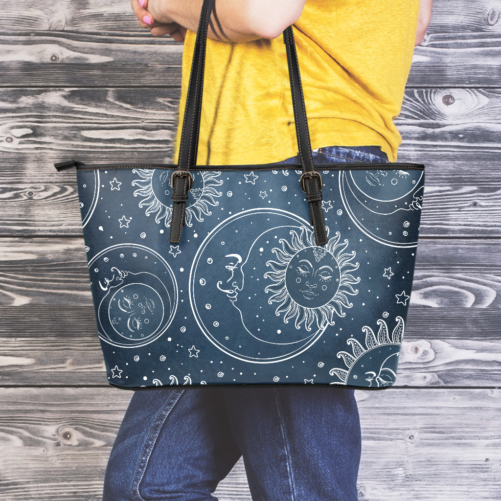 Vintage Sun And Moon Pattern Print Leather Tote Bag