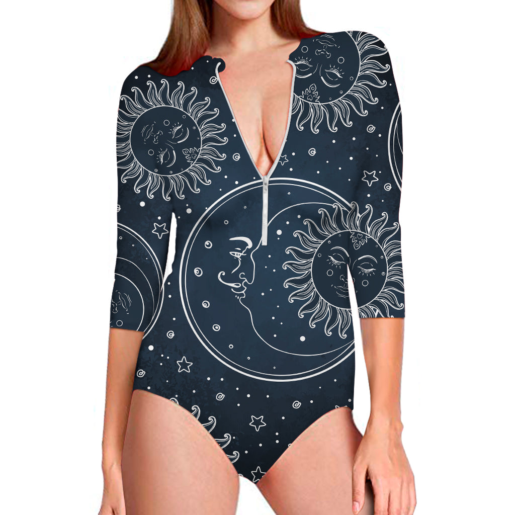 Vintage Sun And Moon Pattern Print Long Sleeve One Piece Swimsuit