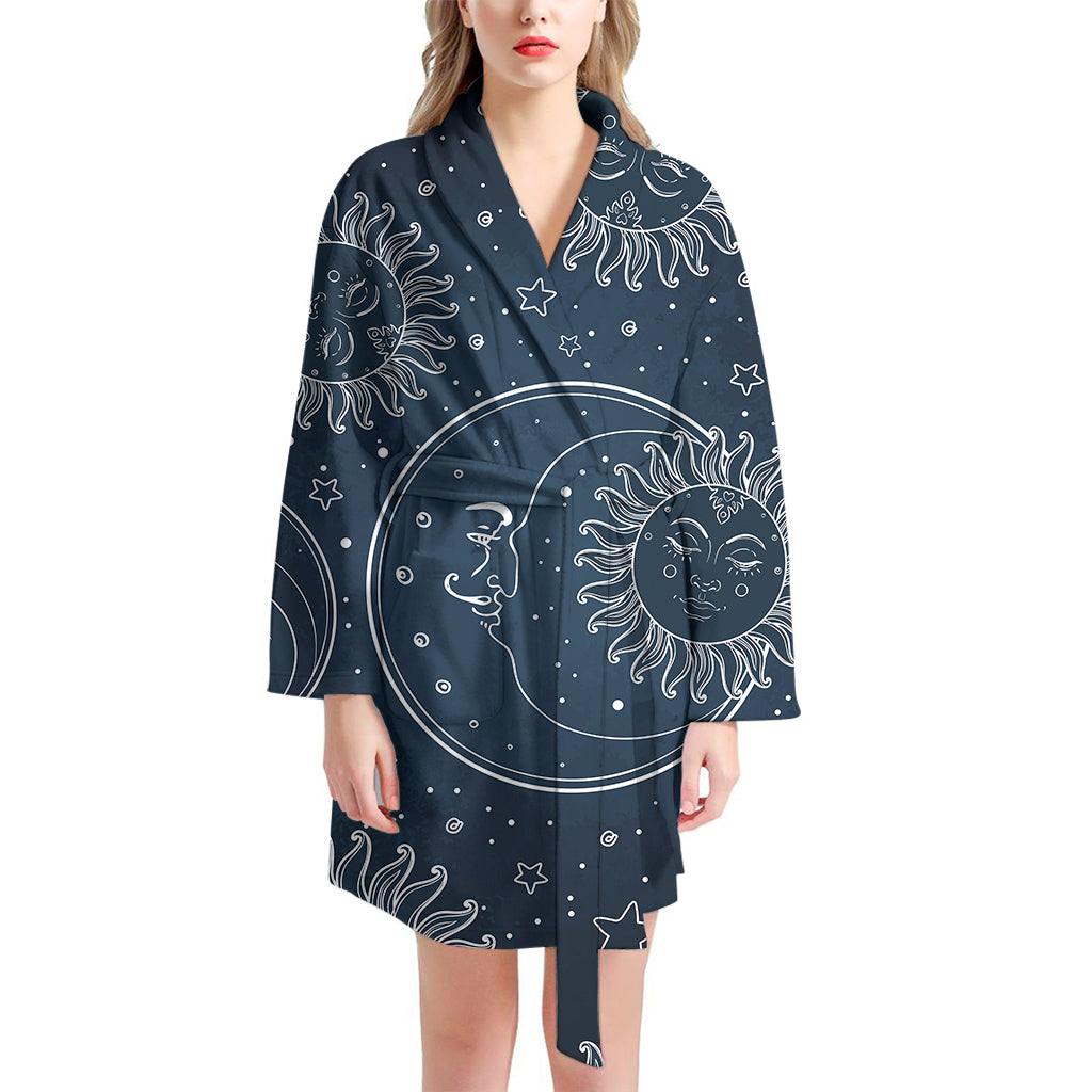 Vintage Sun And Moon Pattern Print Women's Bathrobe