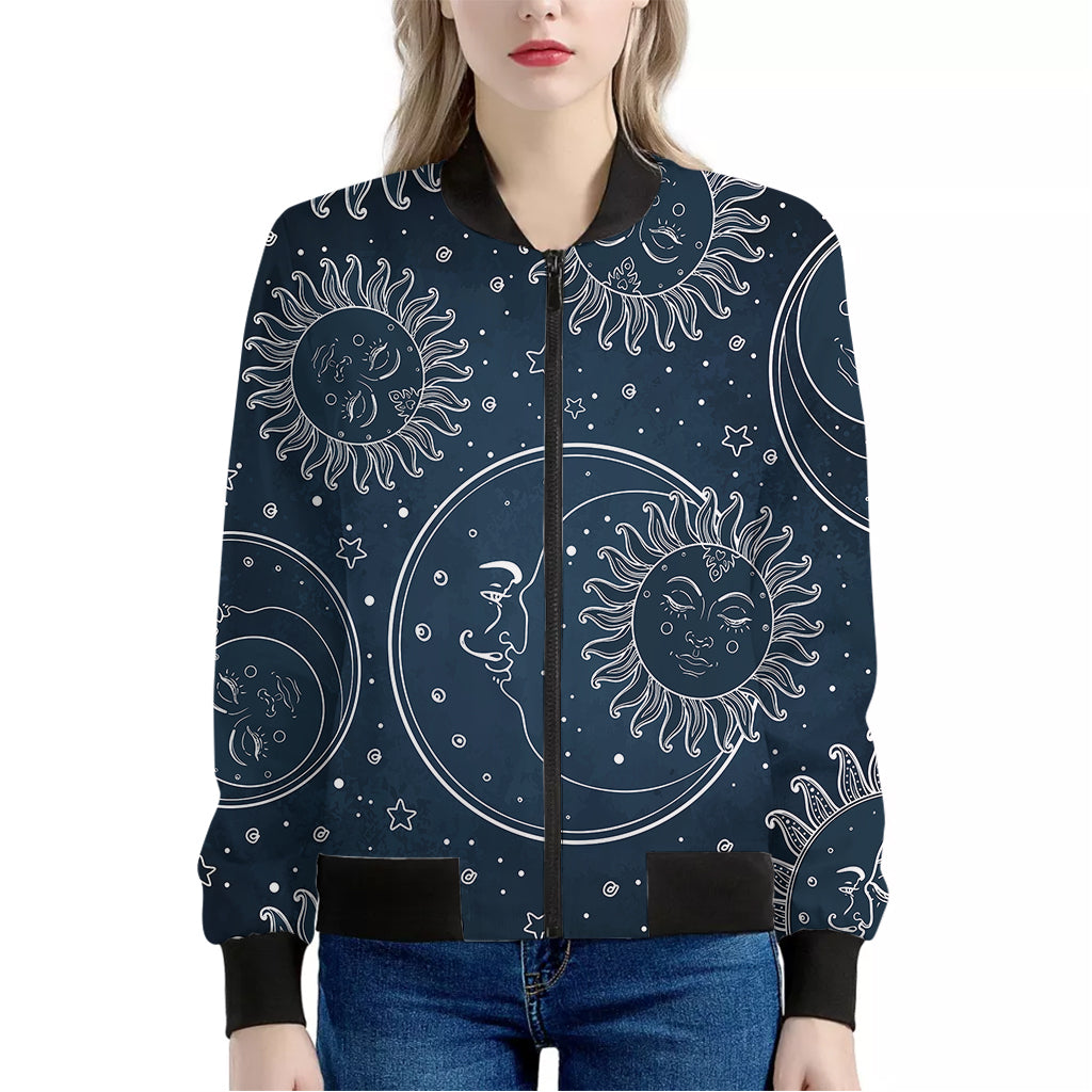 Vintage Sun And Moon Pattern Print Women's Bomber Jacket