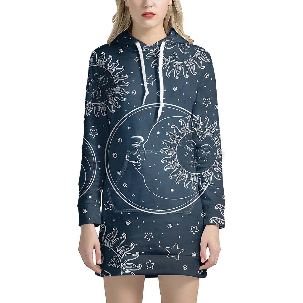 Vintage Sun And Moon Pattern Print Women's Pullover Hoodie Dress