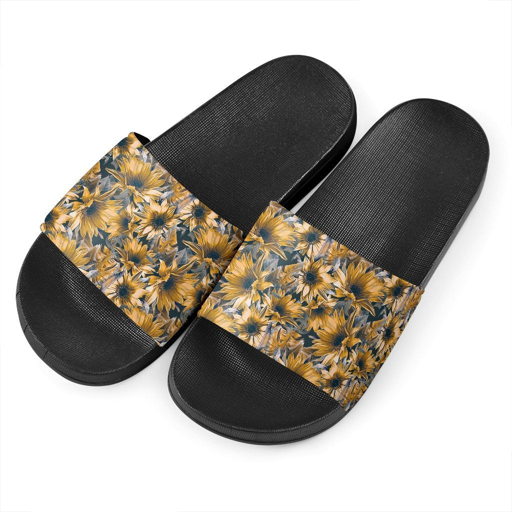 Vintage Sunflower Pattern Print Black Slide Sandals