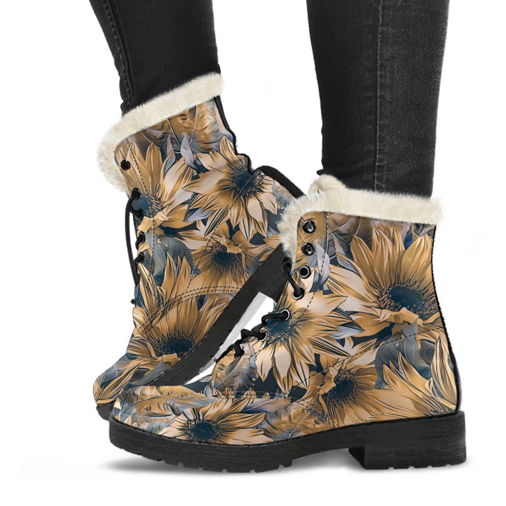 Vintage Sunflower Pattern Print Faux Fur Leather Boots