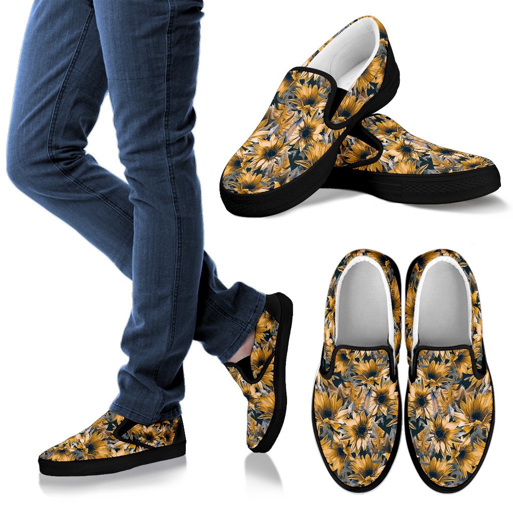 Vintage Sunflower Pattern Print Men's Slip On Shoes