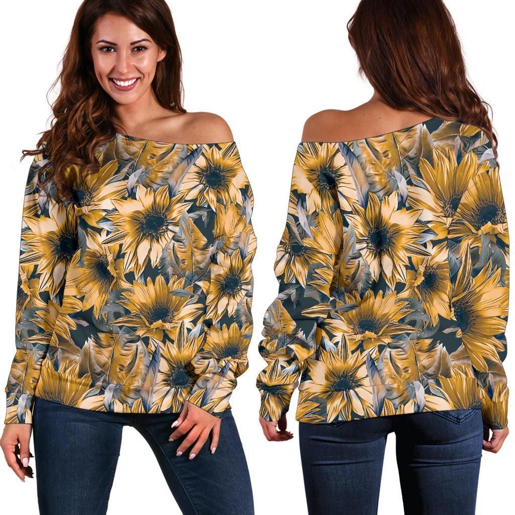 Vintage Sunflower Pattern Print Women's Off-Shoulder Sweatshirt