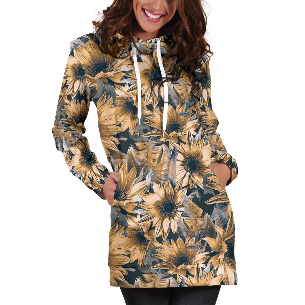 Vintage Sunflower Pattern Print Women's Pullover Hoodie Dress