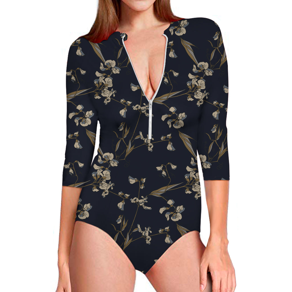 Vintage Sweet Pea Pattern Print Long Sleeve One Piece Swimsuit