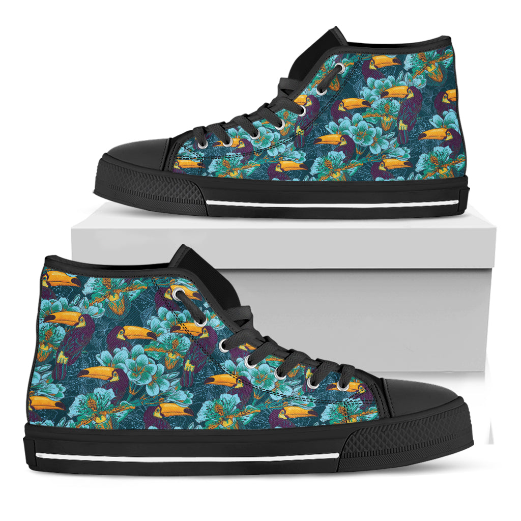 Vintage Toucan Pattern Print Black High Top Shoes