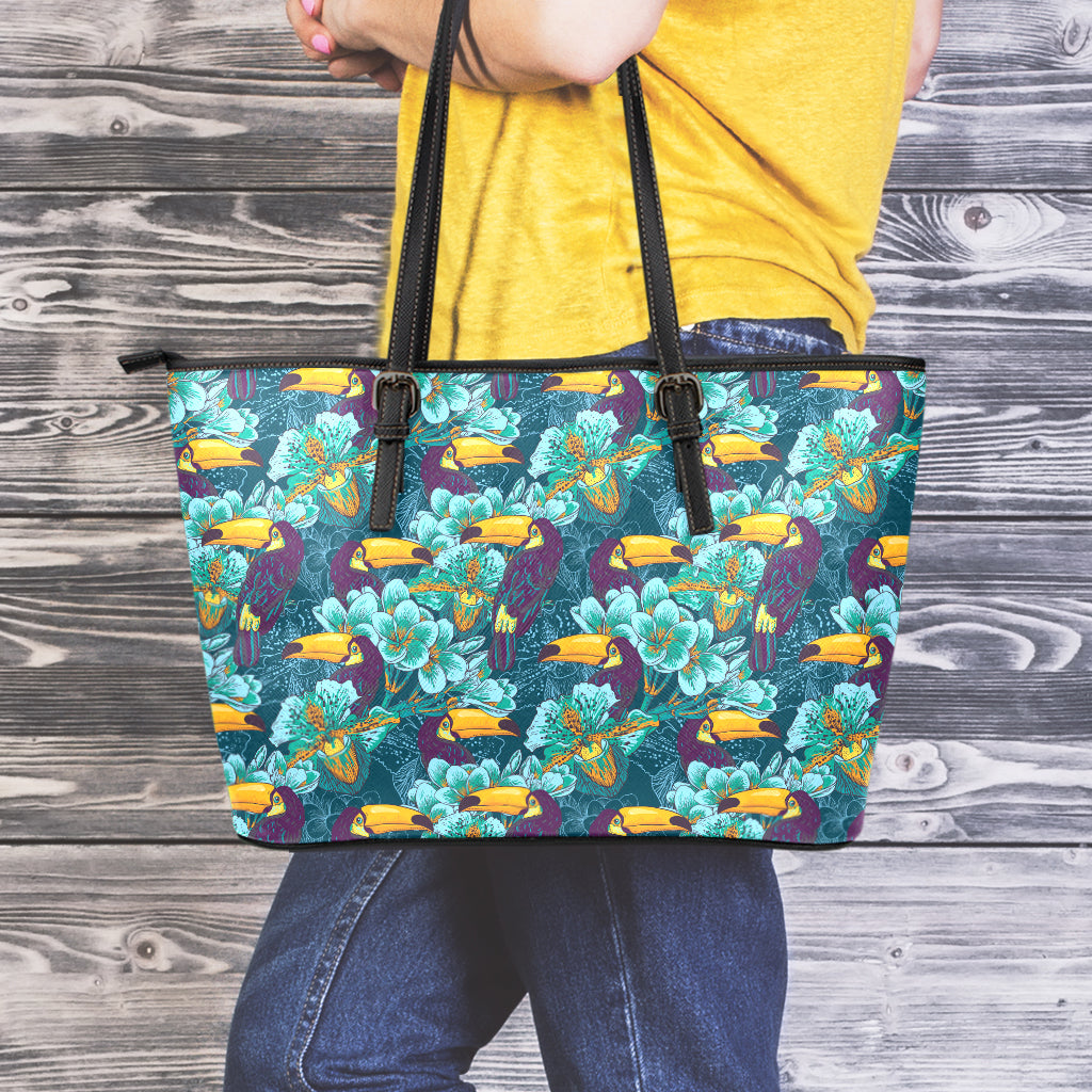 Vintage Toucan Pattern Print Leather Tote Bag