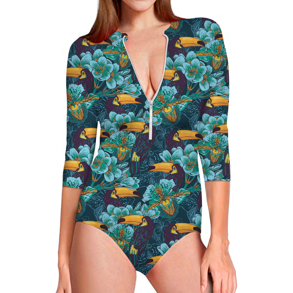 Vintage Toucan Pattern Print Long Sleeve One Piece Swimsuit