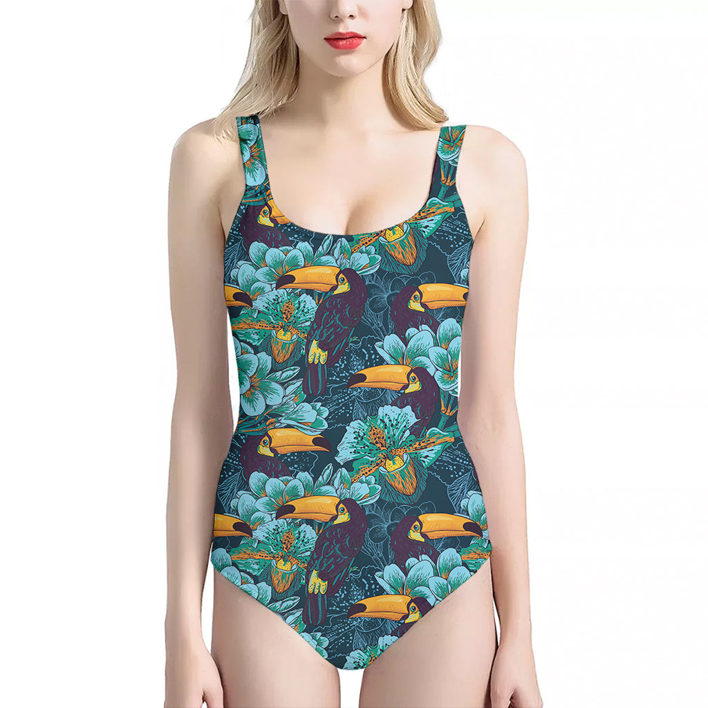 Vintage Toucan Pattern Print One Piece Halter Neck Swimsuit