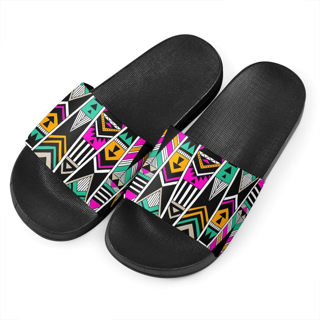 Vintage Tribal Aztec Pattern Print Black Slide Sandals