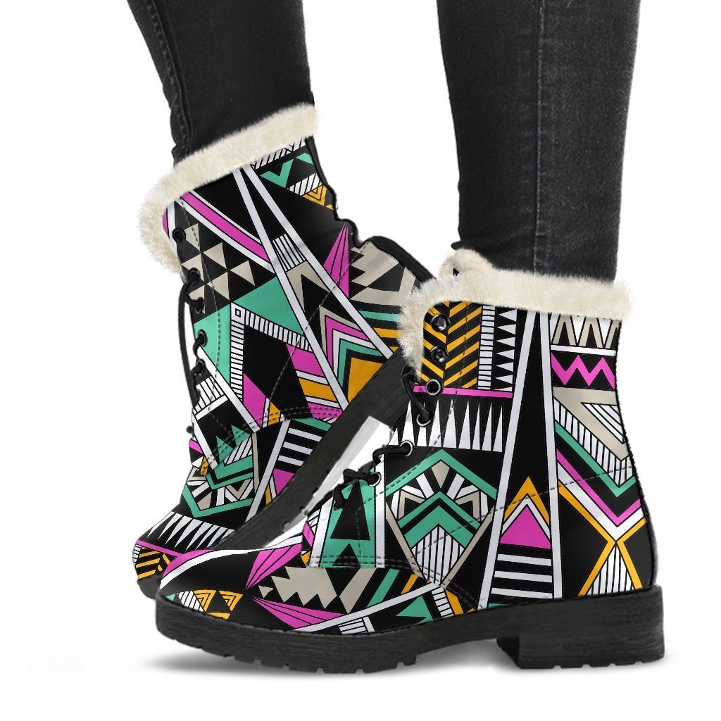 Vintage Tribal Aztec Pattern Print Faux Fur Leather Boots