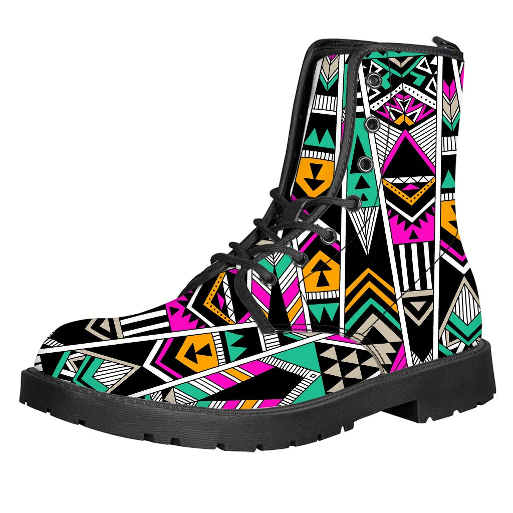 Vintage Tribal Aztec Pattern Print Leather Boots