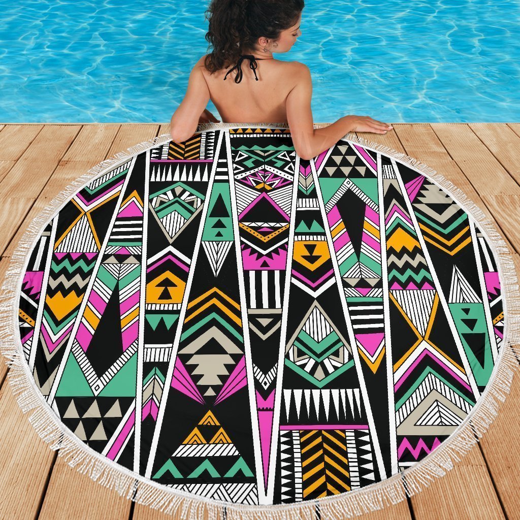 Vintage Tribal Aztec Pattern Print Round Beach Blanket