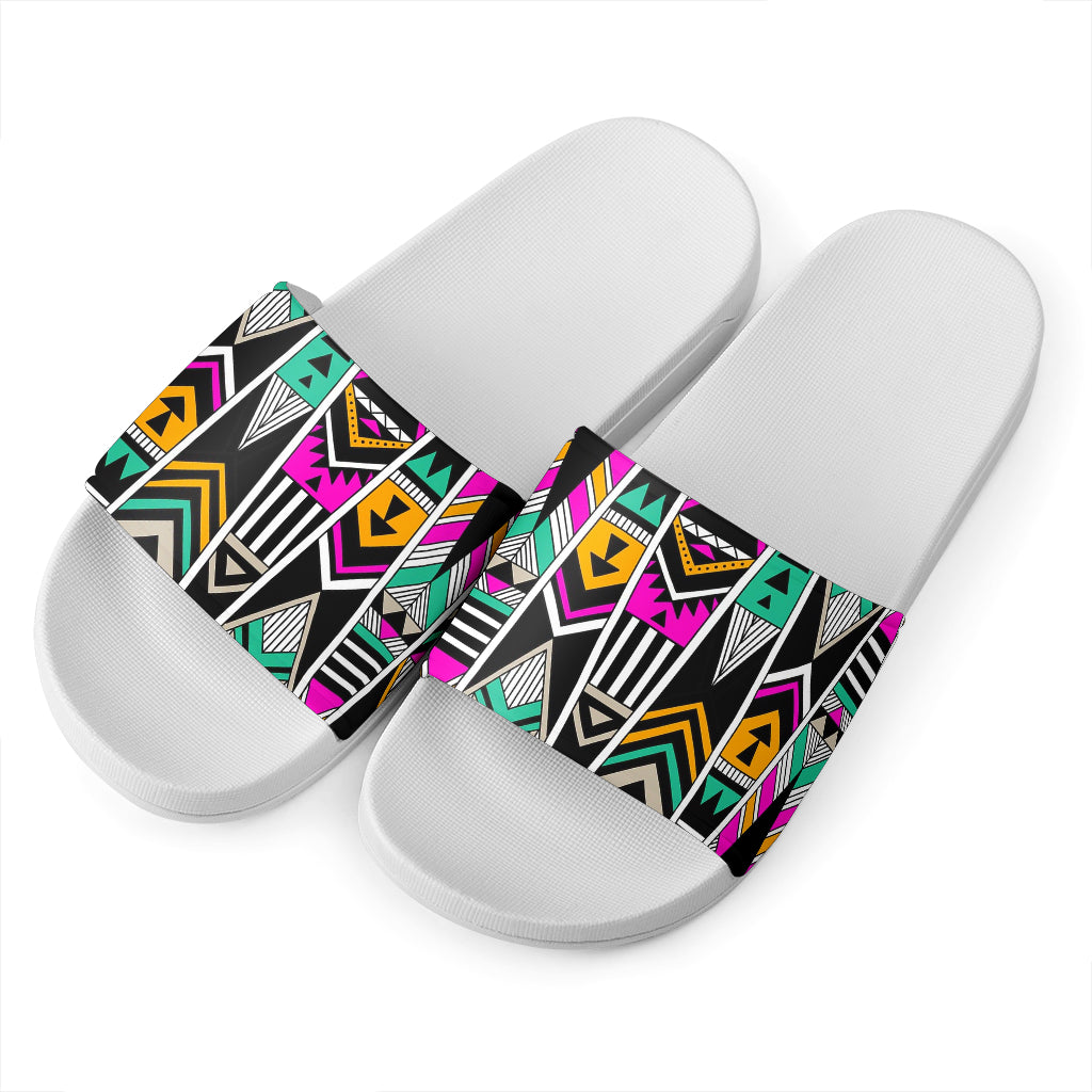 Vintage Tribal Aztec Pattern Print White Slide Sandals