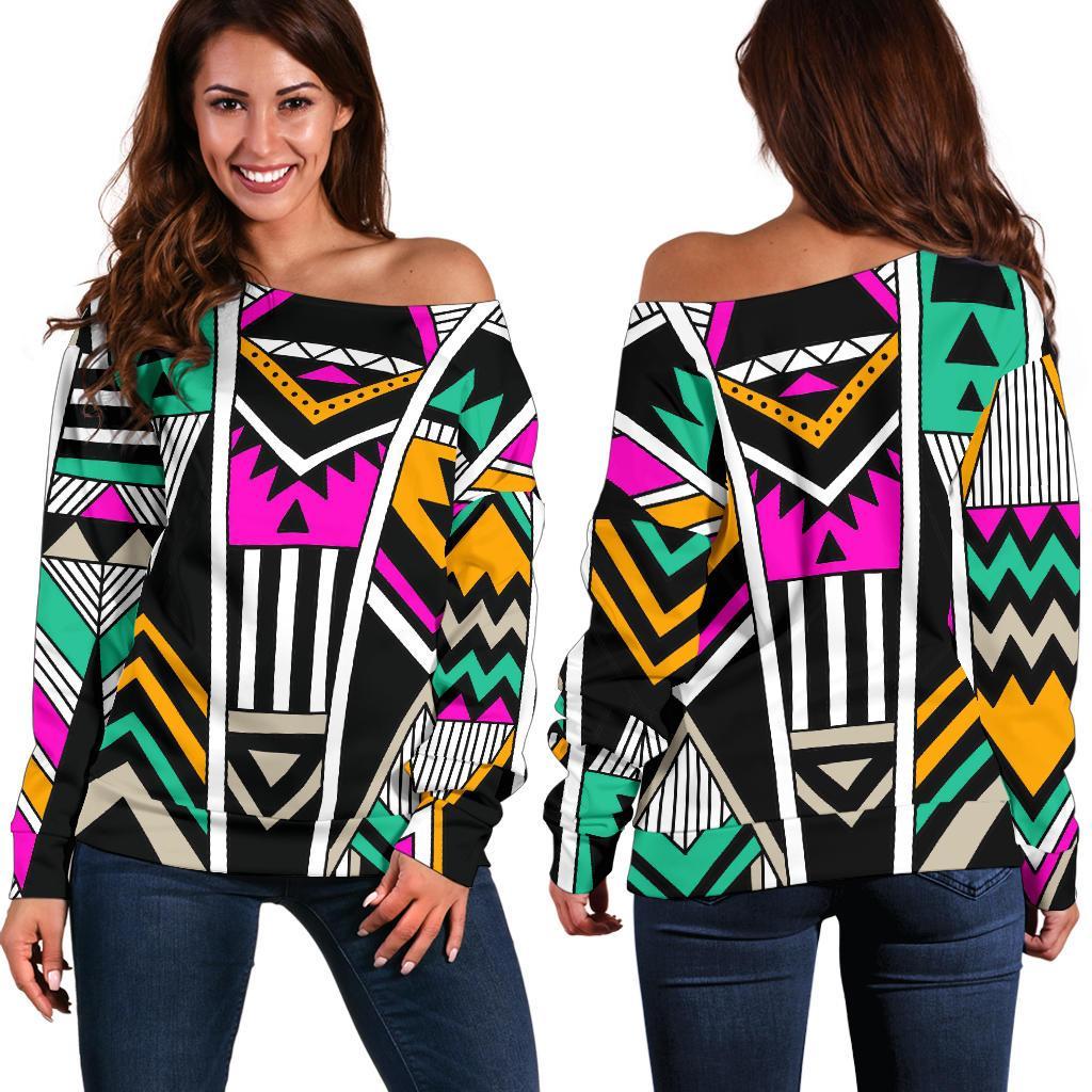 Vintage Tribal Aztec Pattern Print Women's Off-Shoulder Sweatshirt