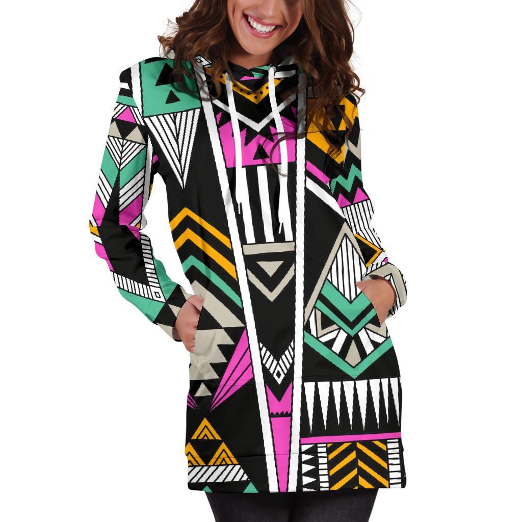 Vintage Tribal Aztec Pattern Print Women's Pullover Hoodie Dress