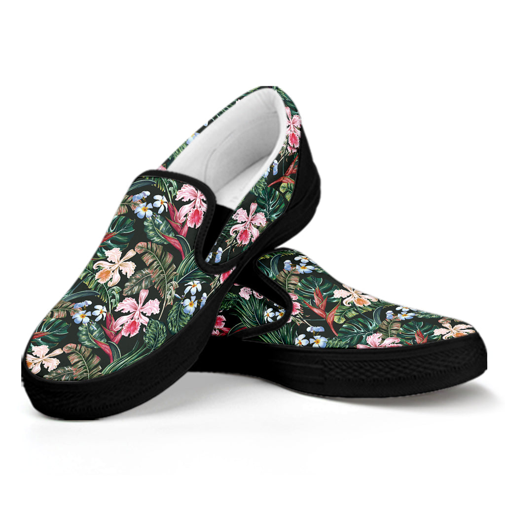 Vintage Tropical Exotic Hawaiian Print Black Slip On Shoes