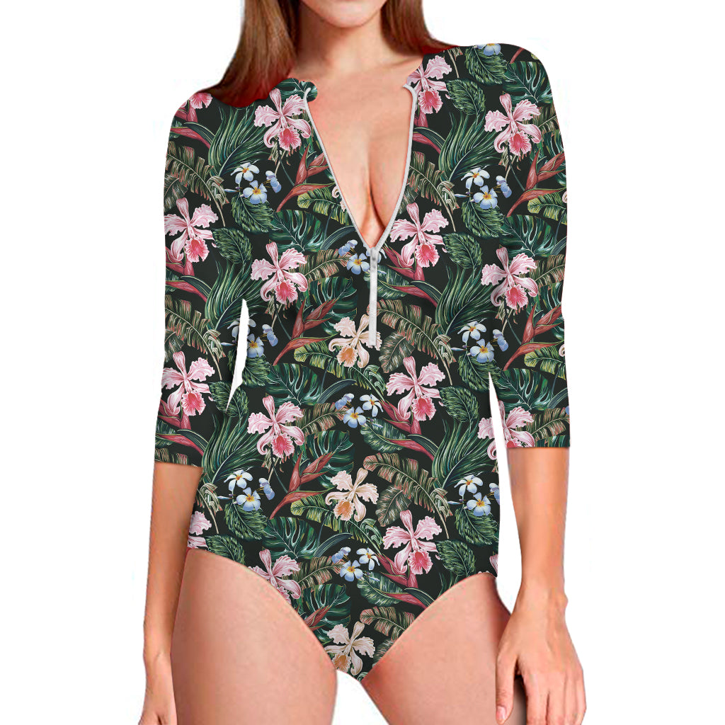 Vintage Tropical Exotic Hawaiian Print Long Sleeve One Piece Swimsuit