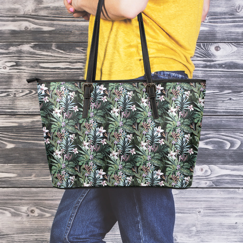 Vintage Tropical Floral Print Leather Tote Bag