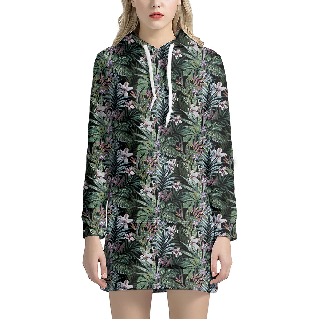 Vintage Tropical Floral Print Women's Pullover Hoodie Dress