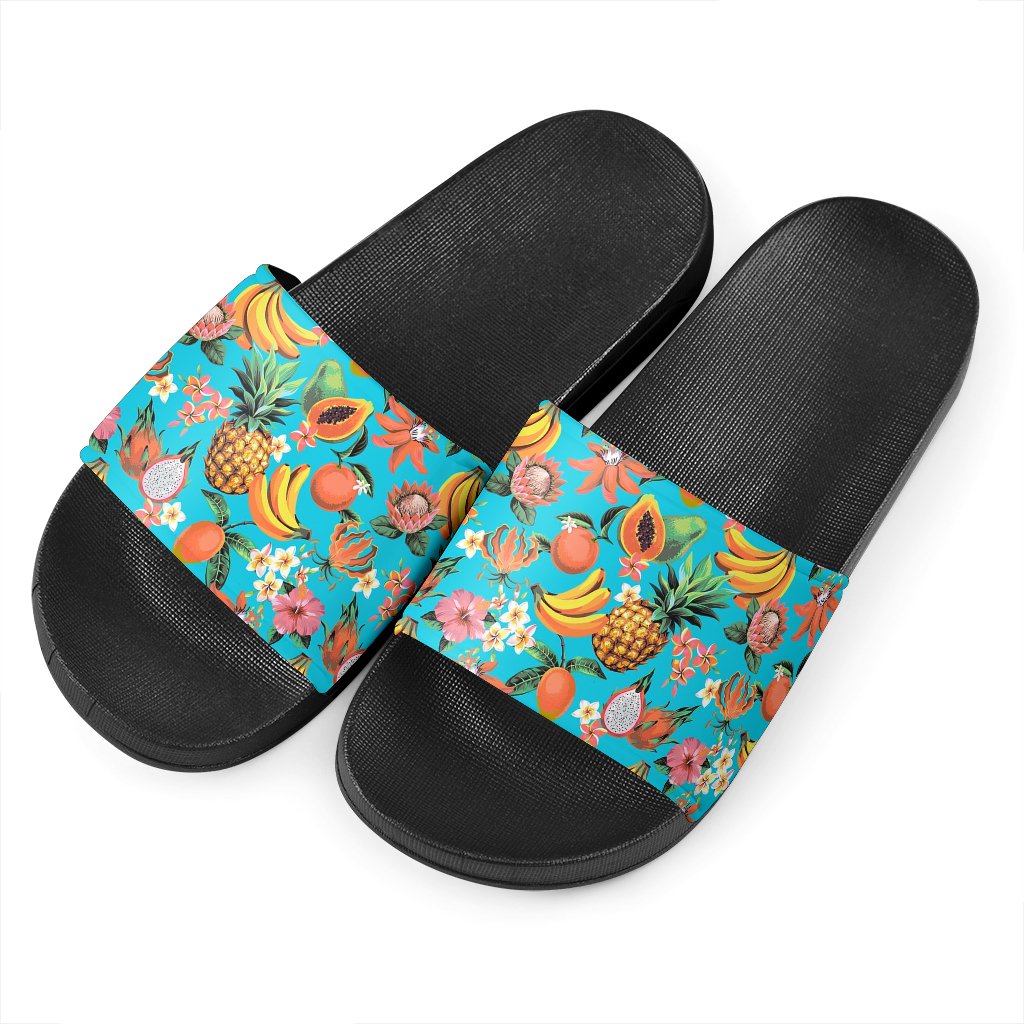 Vintage Tropical Fruits Pattern Print Black Slide Sandals