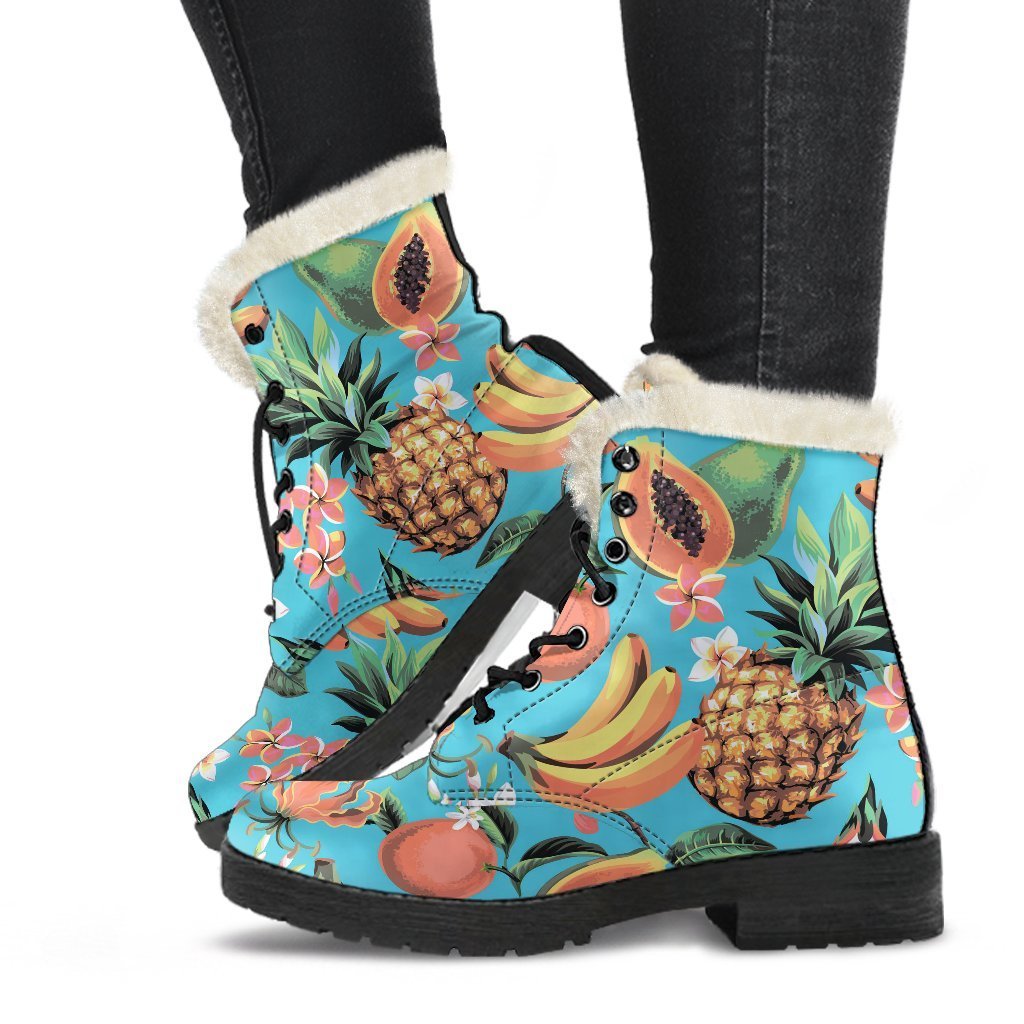 Vintage Tropical Fruits Pattern Print Faux Fur Leather Boots