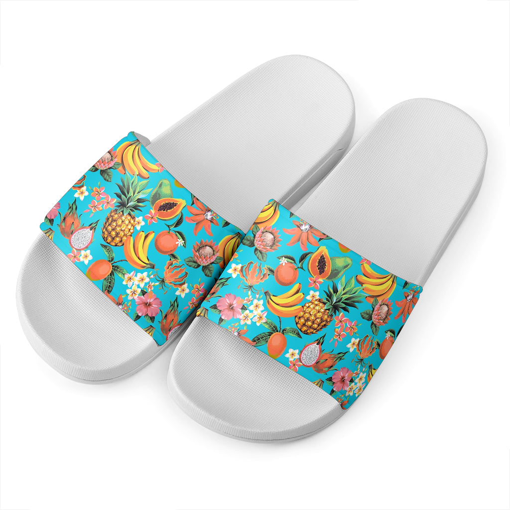 Vintage Tropical Fruits Pattern Print White Slide Sandals