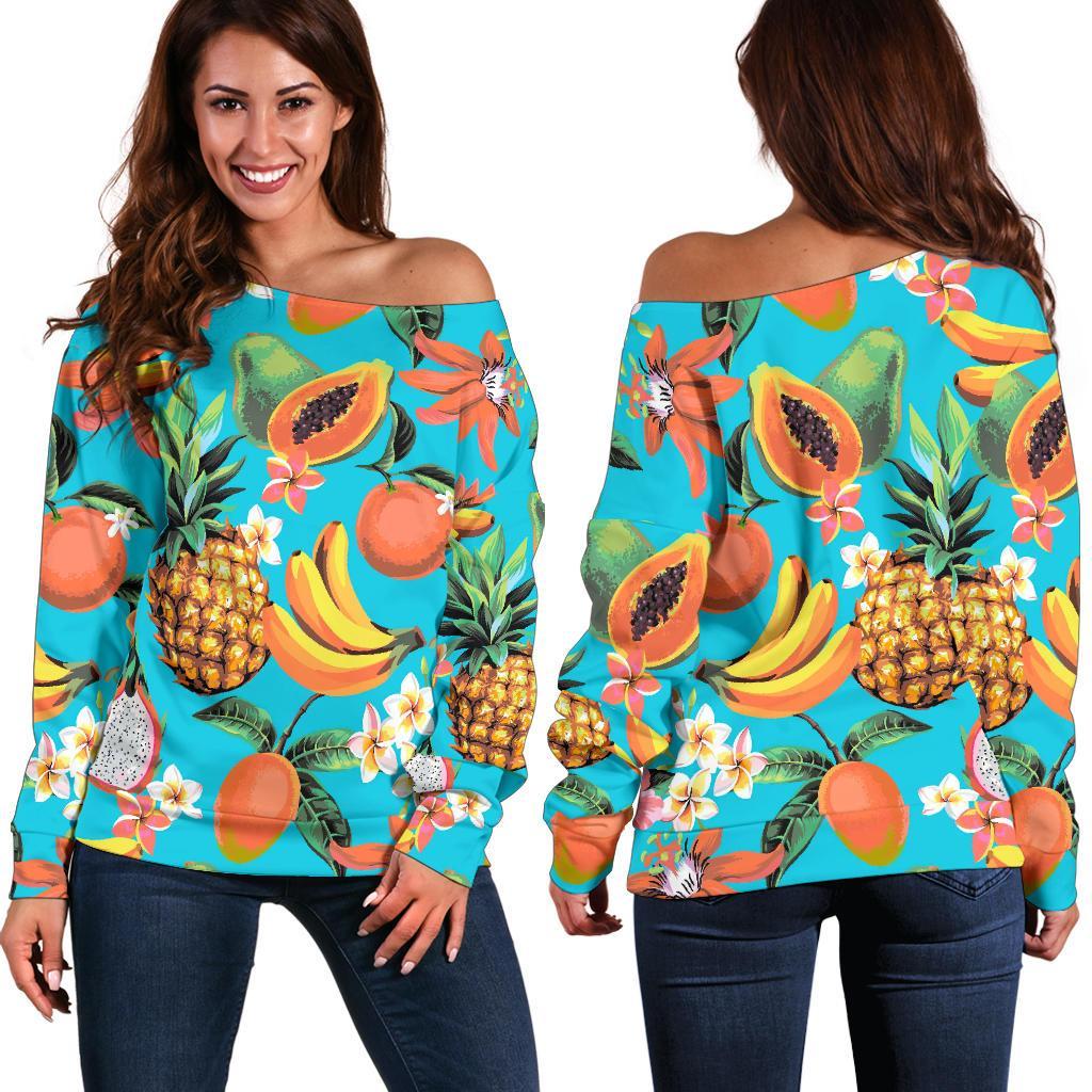 Vintage Tropical Fruits Pattern Print Women's Off-Shoulder Sweatshirt