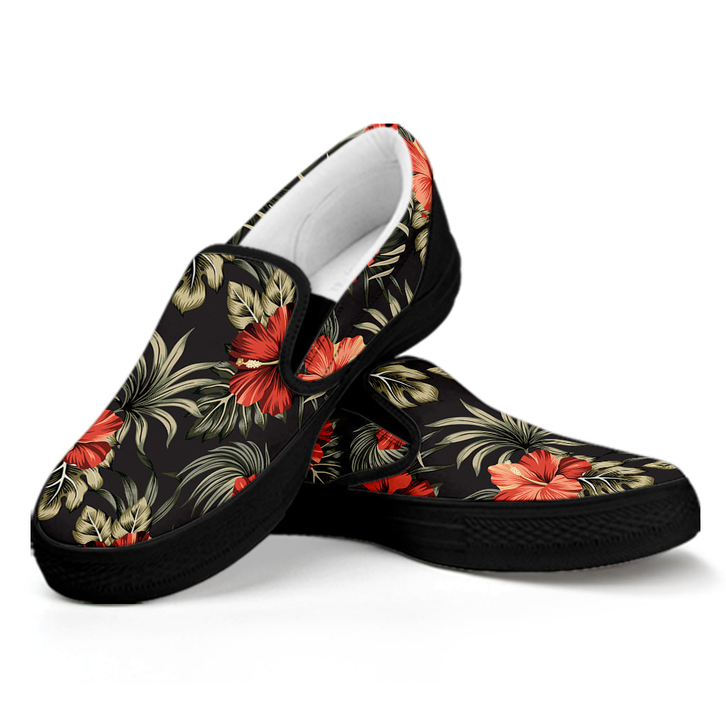 Vintage Tropical Hibiscus Floral Print Black Slip On Shoes