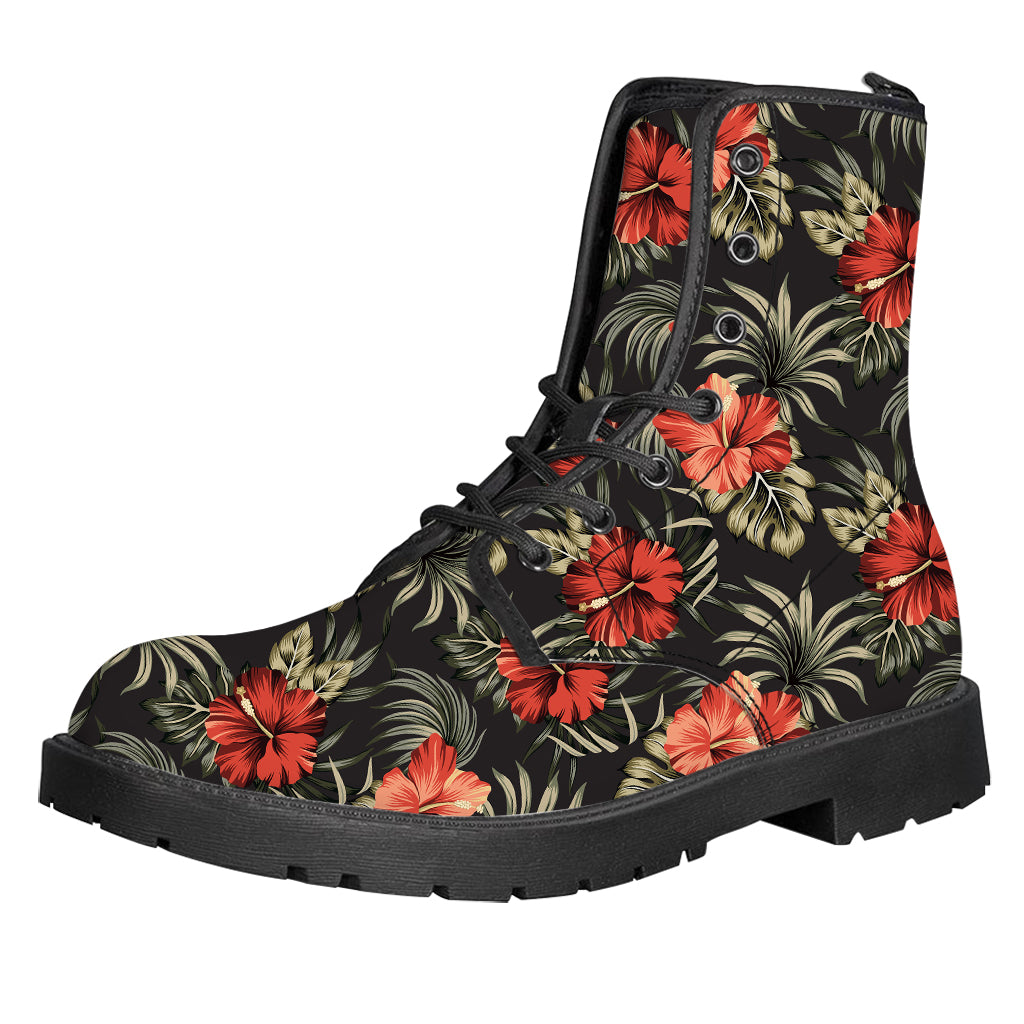 Vintage Tropical Hibiscus Floral Print Leather Boots