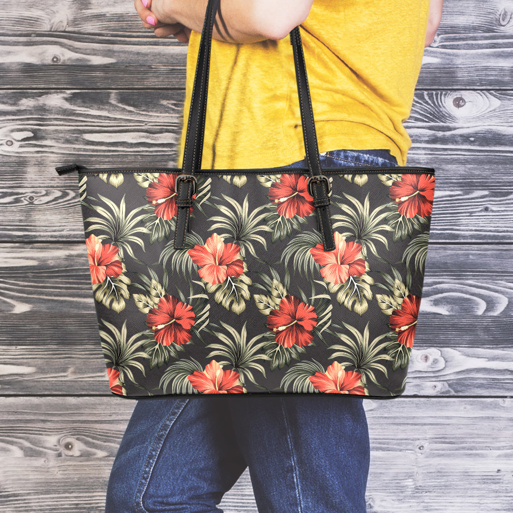 Vintage Tropical Hibiscus Floral Print Leather Tote Bag