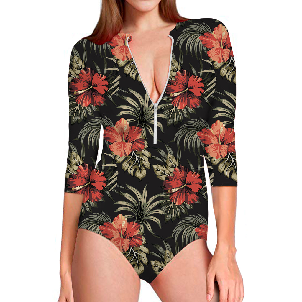 Vintage Tropical Hibiscus Floral Print Long Sleeve One Piece Swimsuit